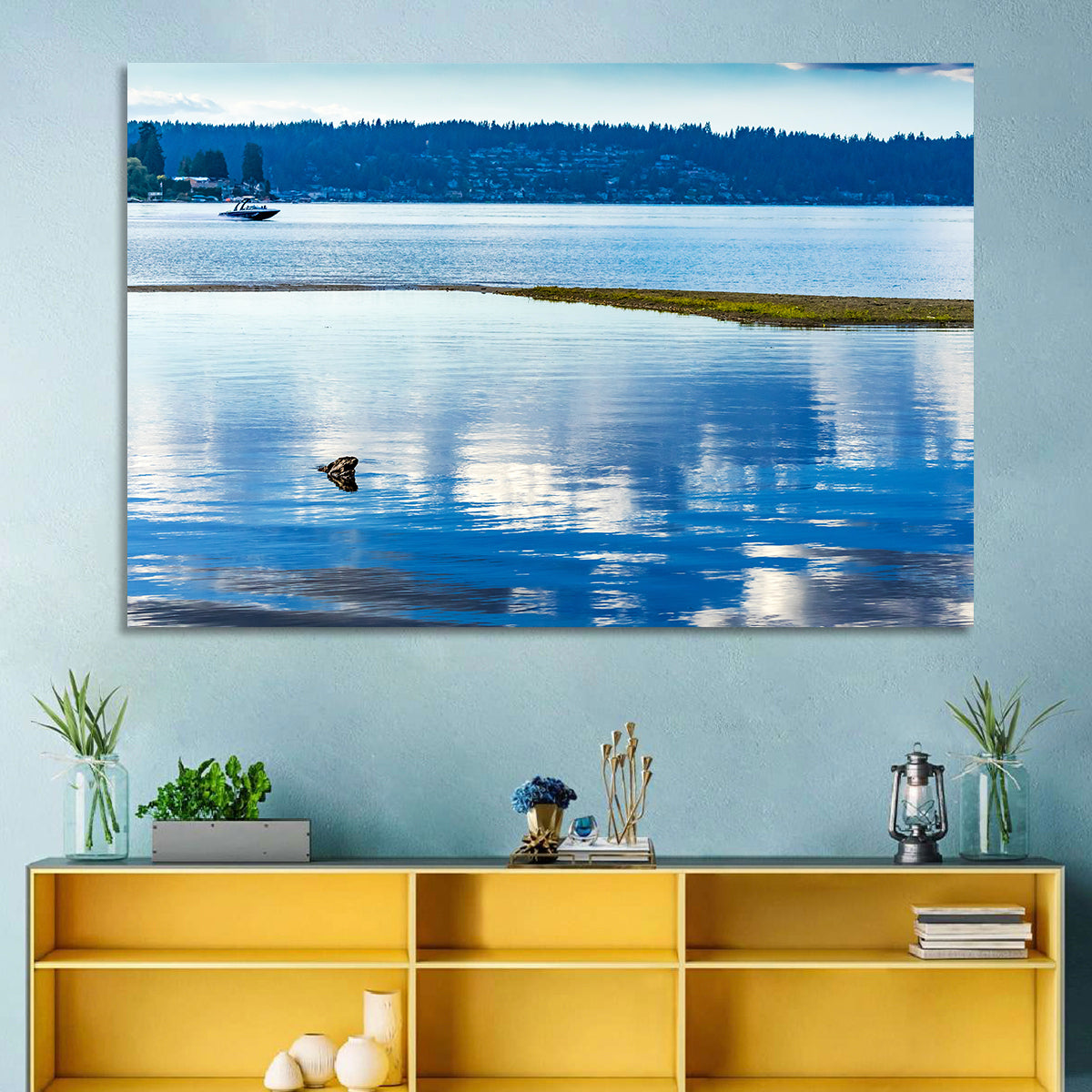 Lake Sammamish Reflection Wall Art in a room, landscape