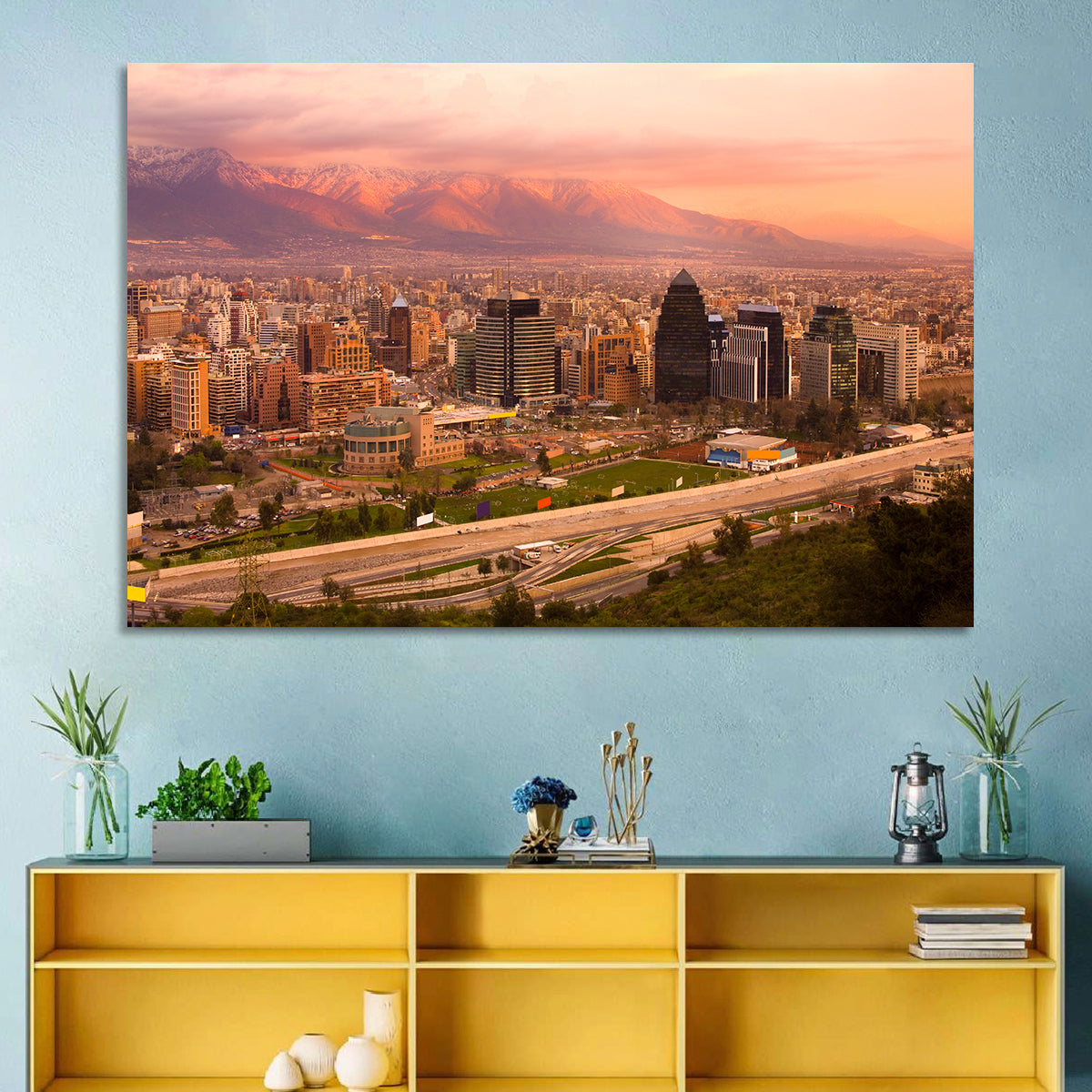 Santiago Skyline at Sunset Wall Art in a room, landscape