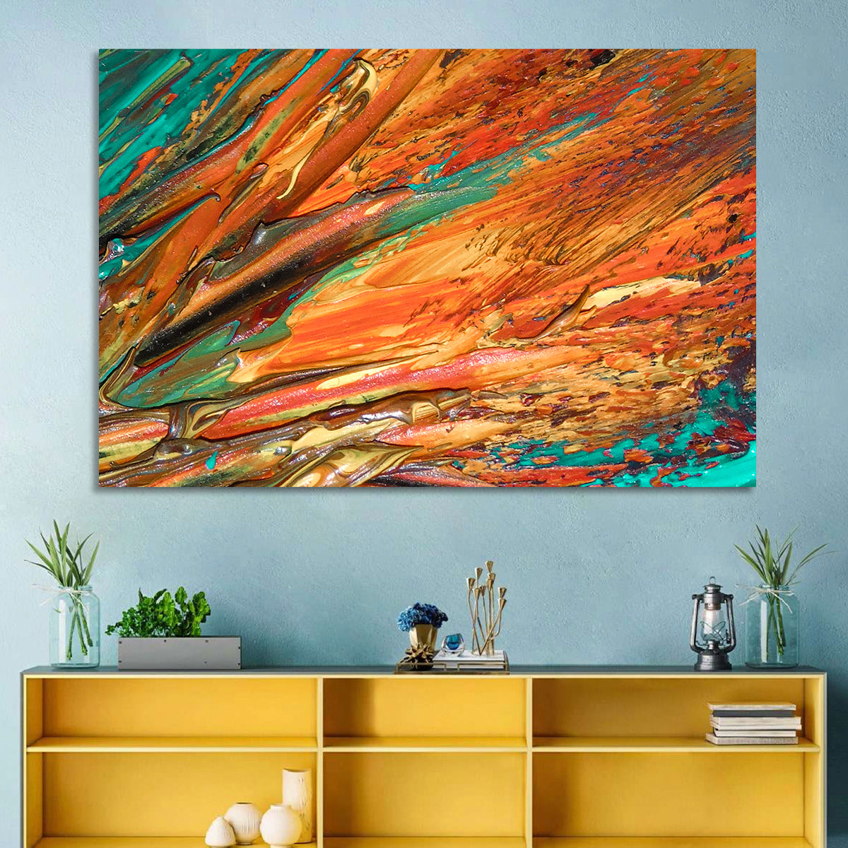 Flowing River Abstract in Orange and Teal Wall Art in a room, landscape