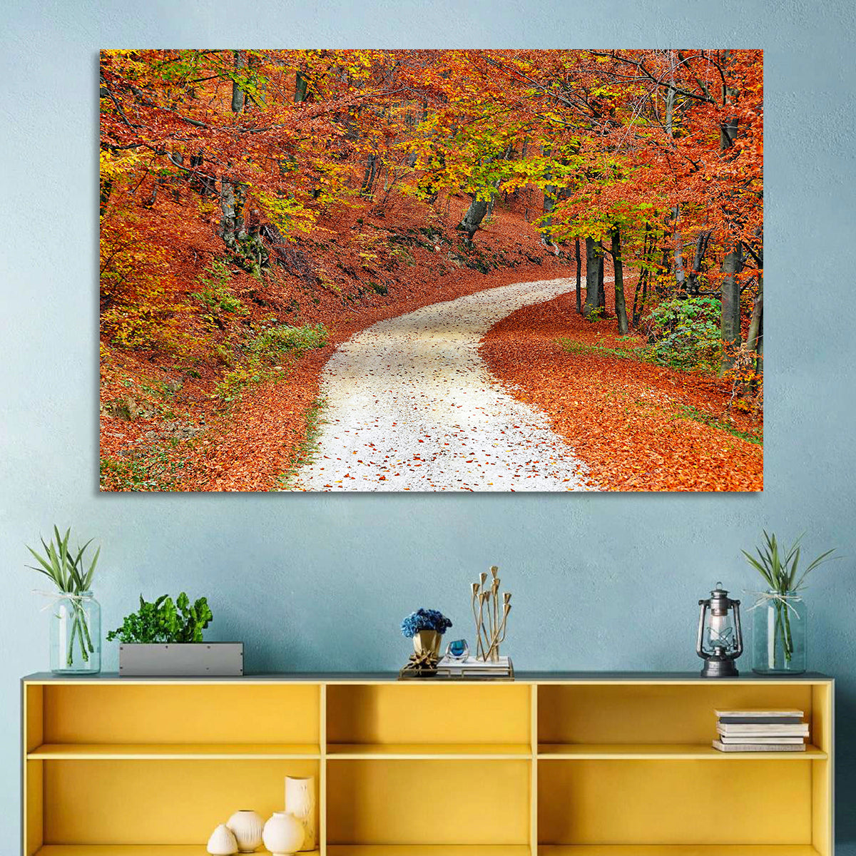 Misty Gravel Path Through Autumn Trees Wall Art in a room, landscape