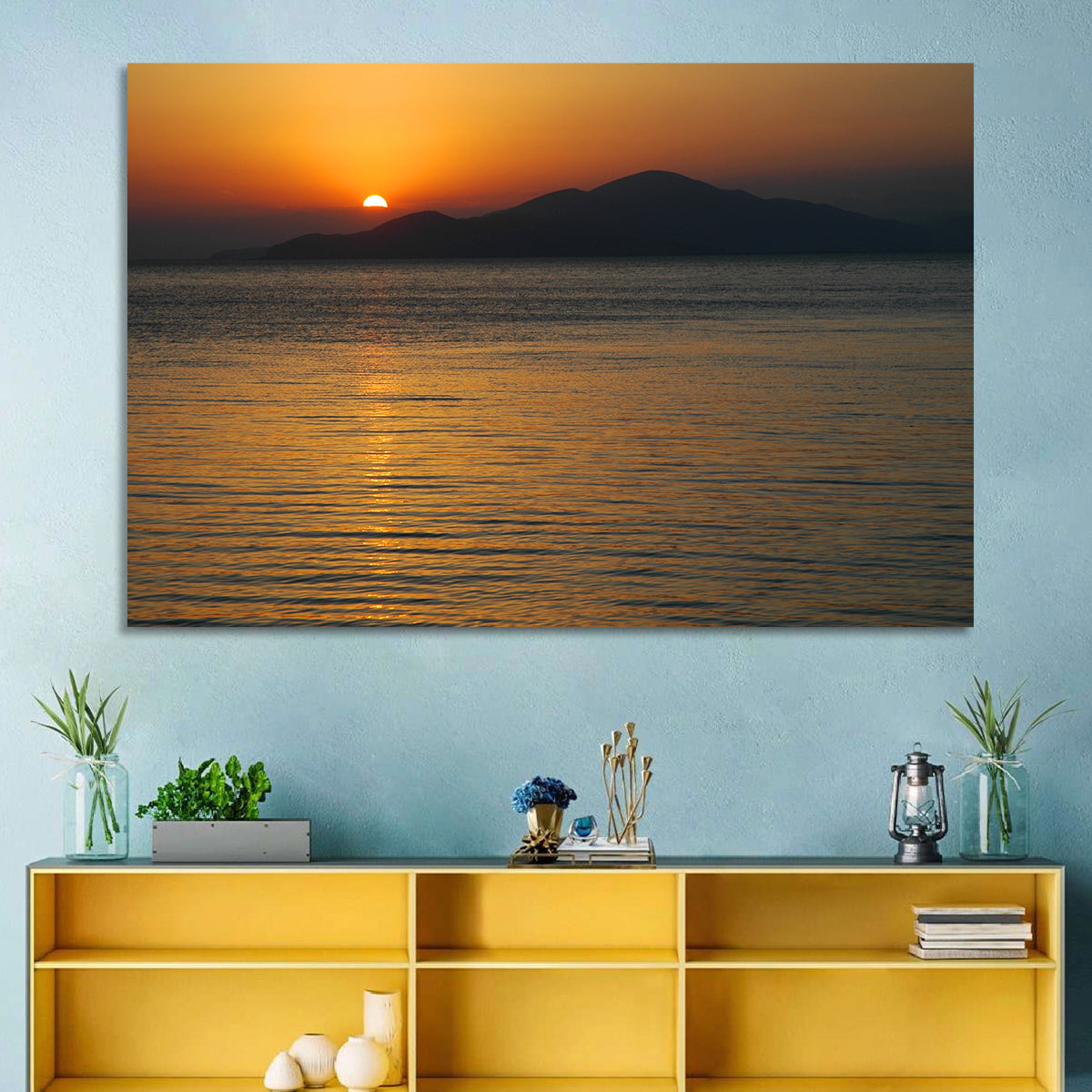 Lake Sevan Sunset Reflection Wall Art in a room, landscape