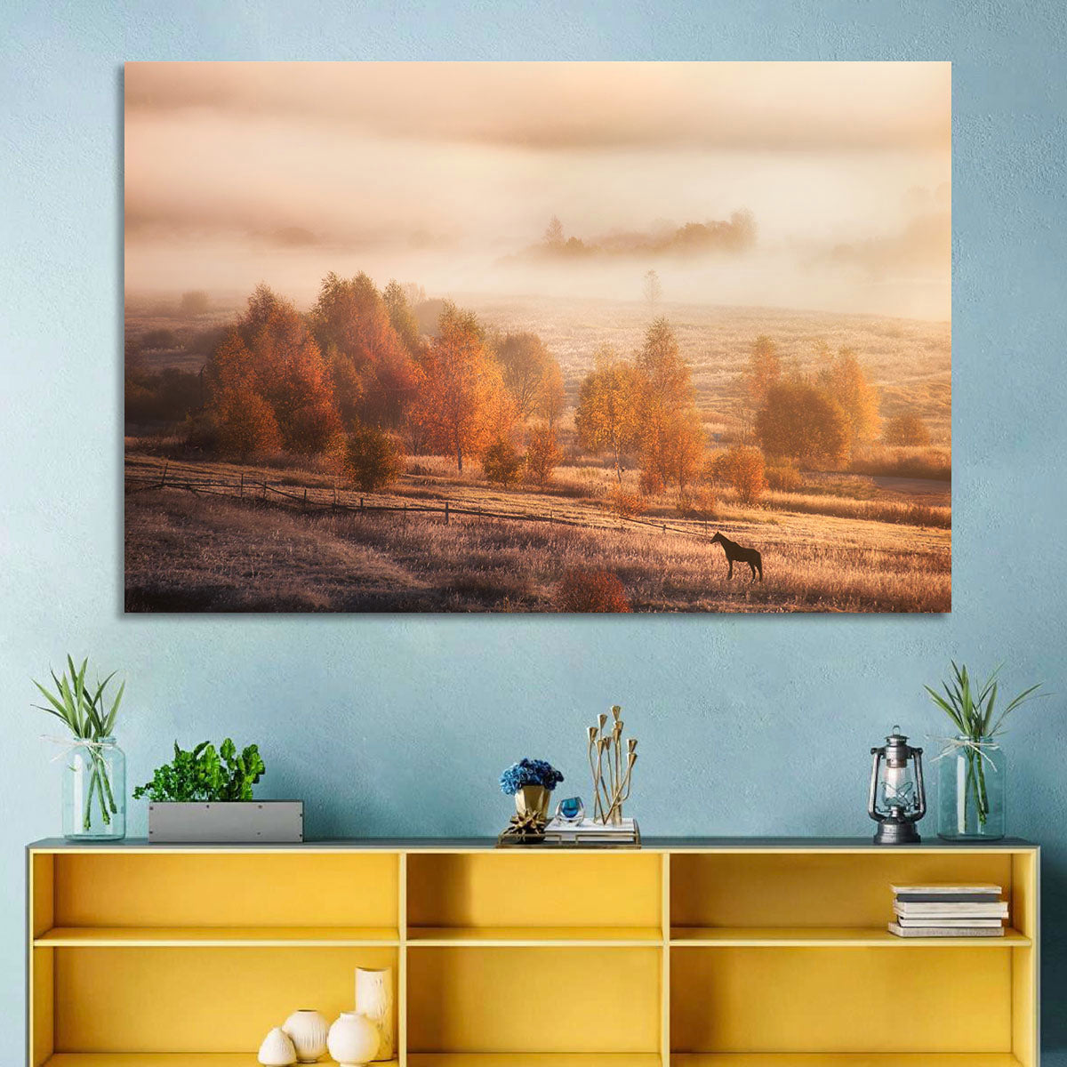 Autumn Morning Horse Silhouette Wall Art in a room, landscape