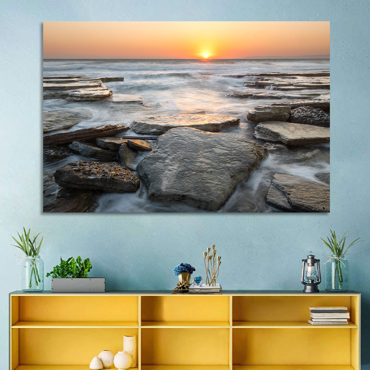 Golden Hour Rock Shoreline Sunset Wall Art in a room, landscape