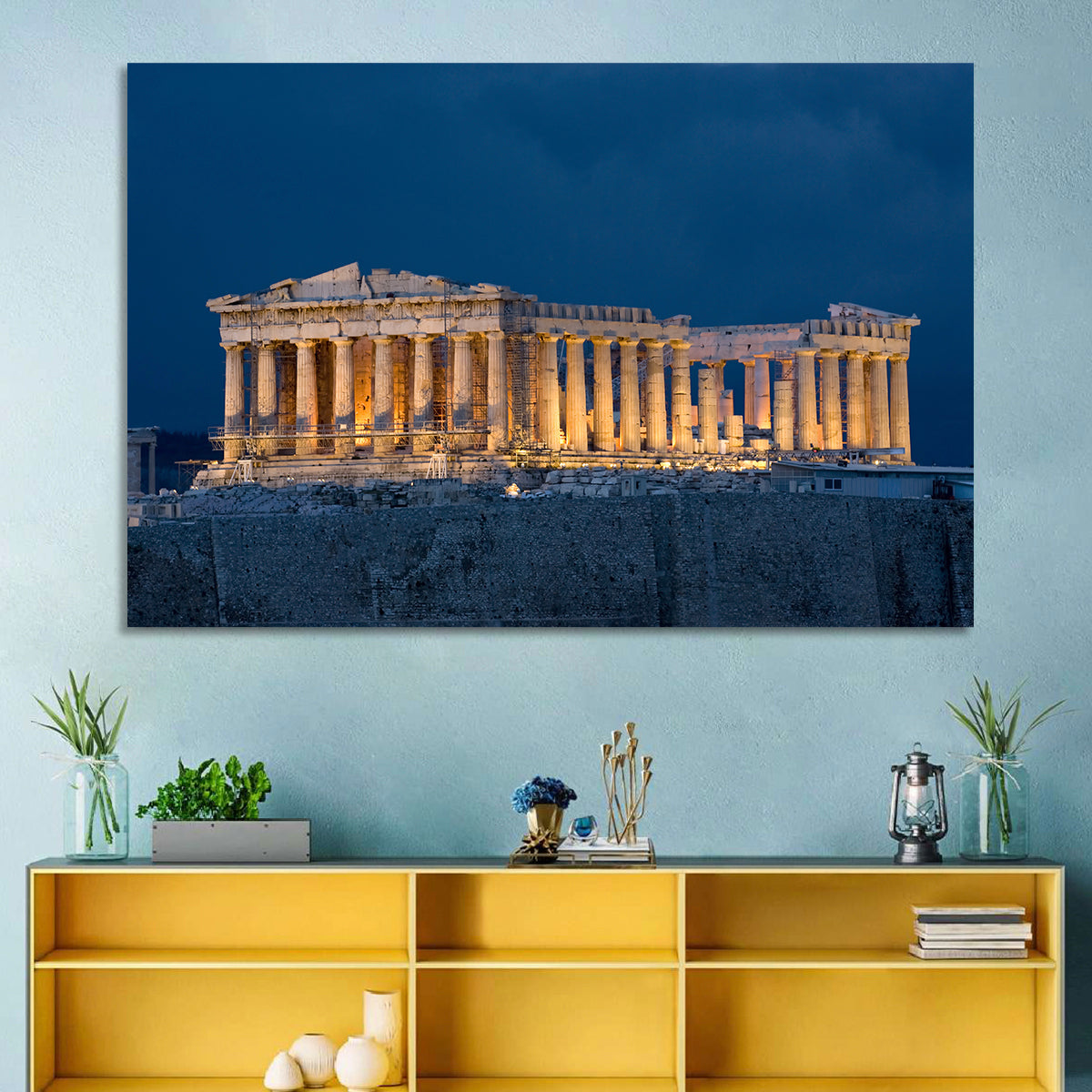Illuminated Parthenon at Night Wall Art in a room, landscape