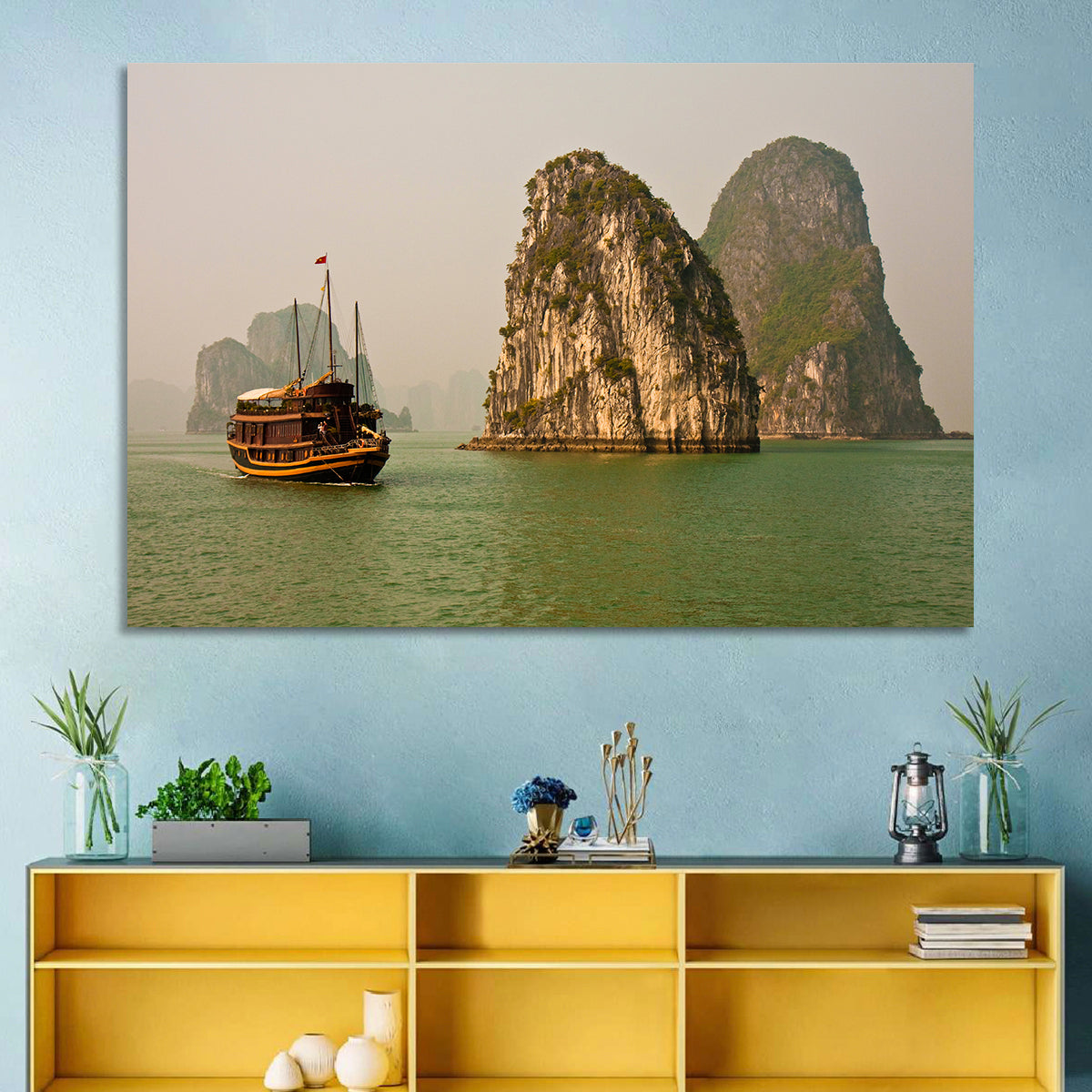 Ha Long Bay Junk Boat and Karst Cliffs Wall Art