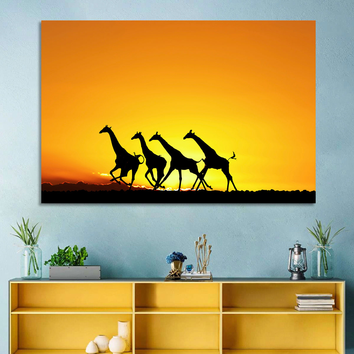 Savanna Giraffes at Sunset Wall Art in a room, landscape