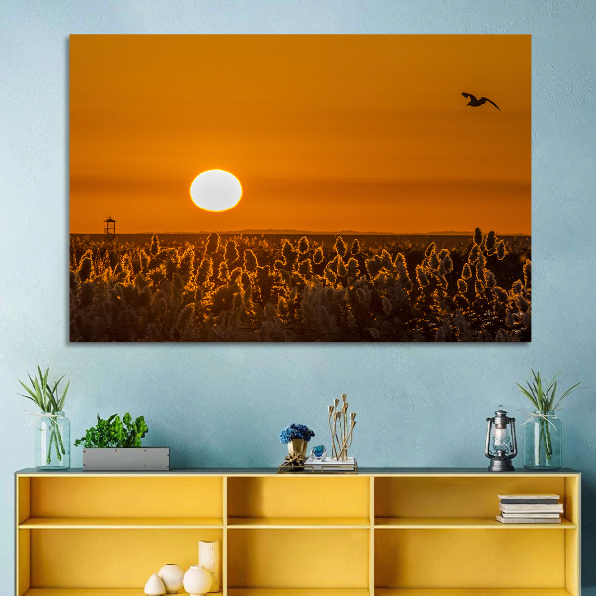 Golden Sunrise Over Reeds Wall Art in a room, landscape