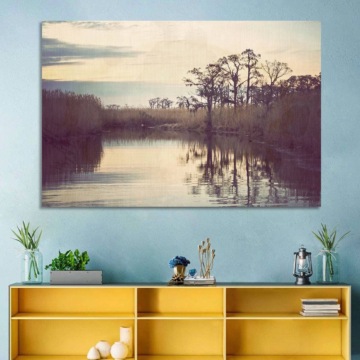 Louisiana Cypress Swamp at Dusk Wall Art in a room, landscape