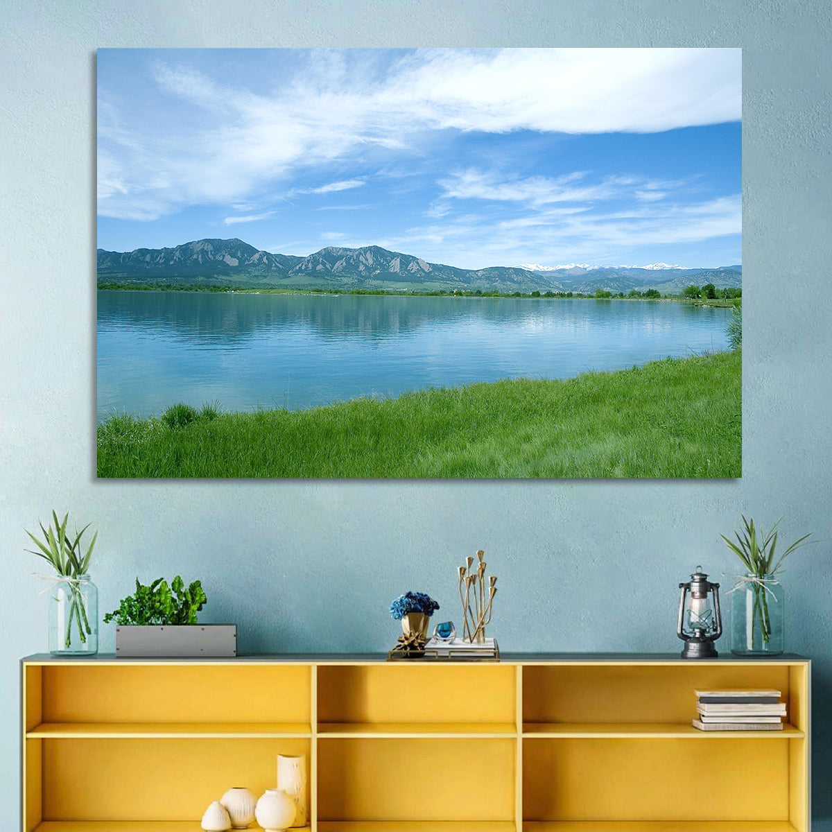 Boulder Reservoir and Flatirons Wall Art in a room, landscape
