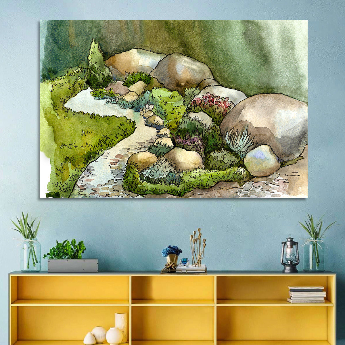 Watercolor Rock Garden Stream Wall Art in a room, landscape