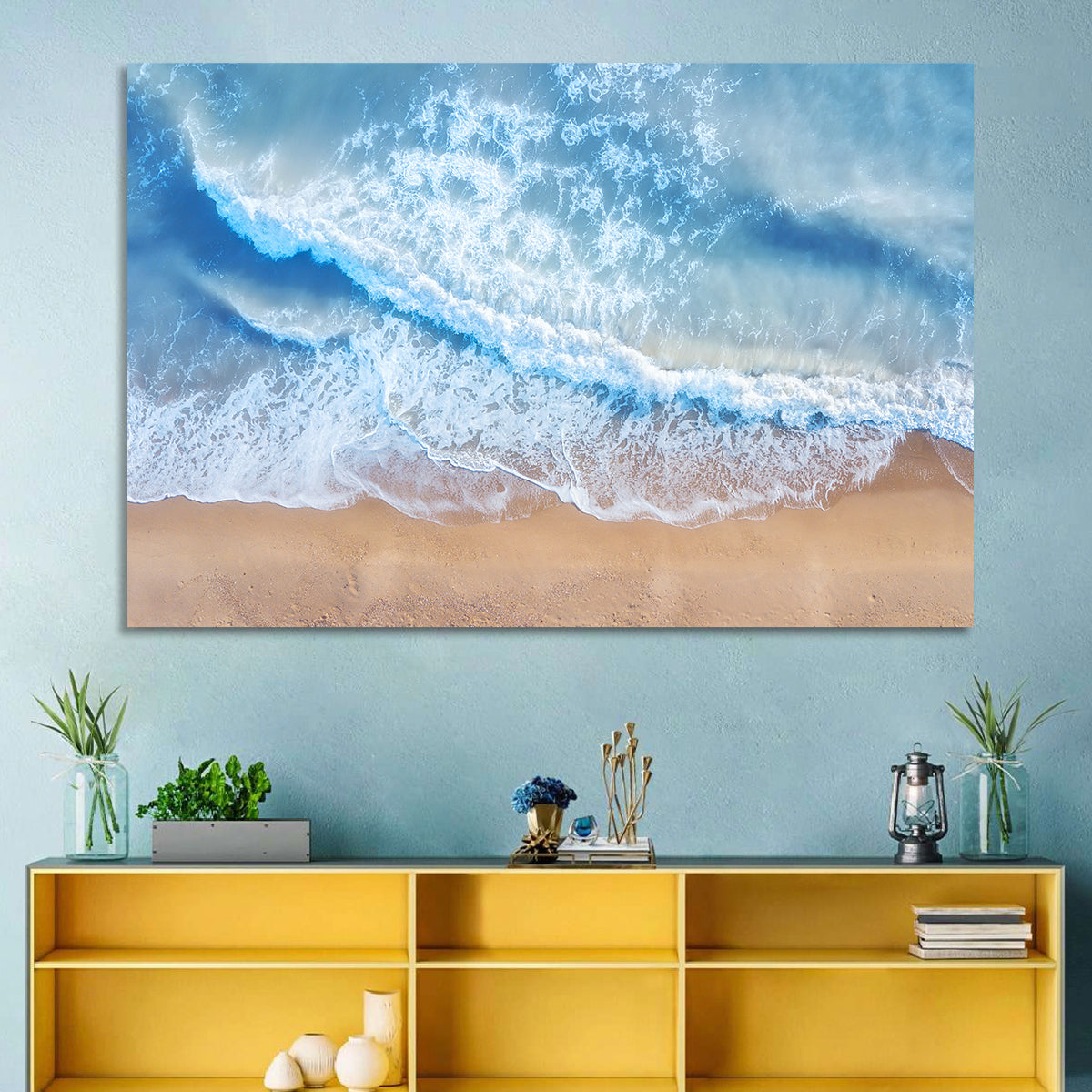 Aerial Turquoise Beach Waves Wall Art in a room, landscape