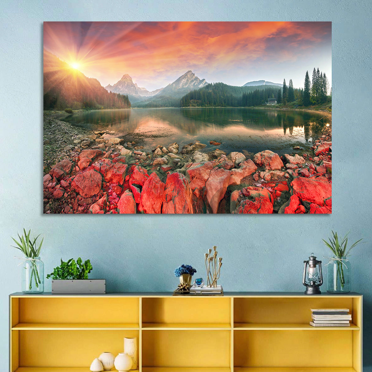 Obersee Sunrise Over Red Rocks Wall Art in a room, landscape