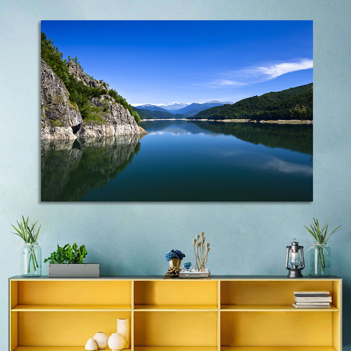 Calm Mountain Lake Reflection Wall Art in a room, landscape
