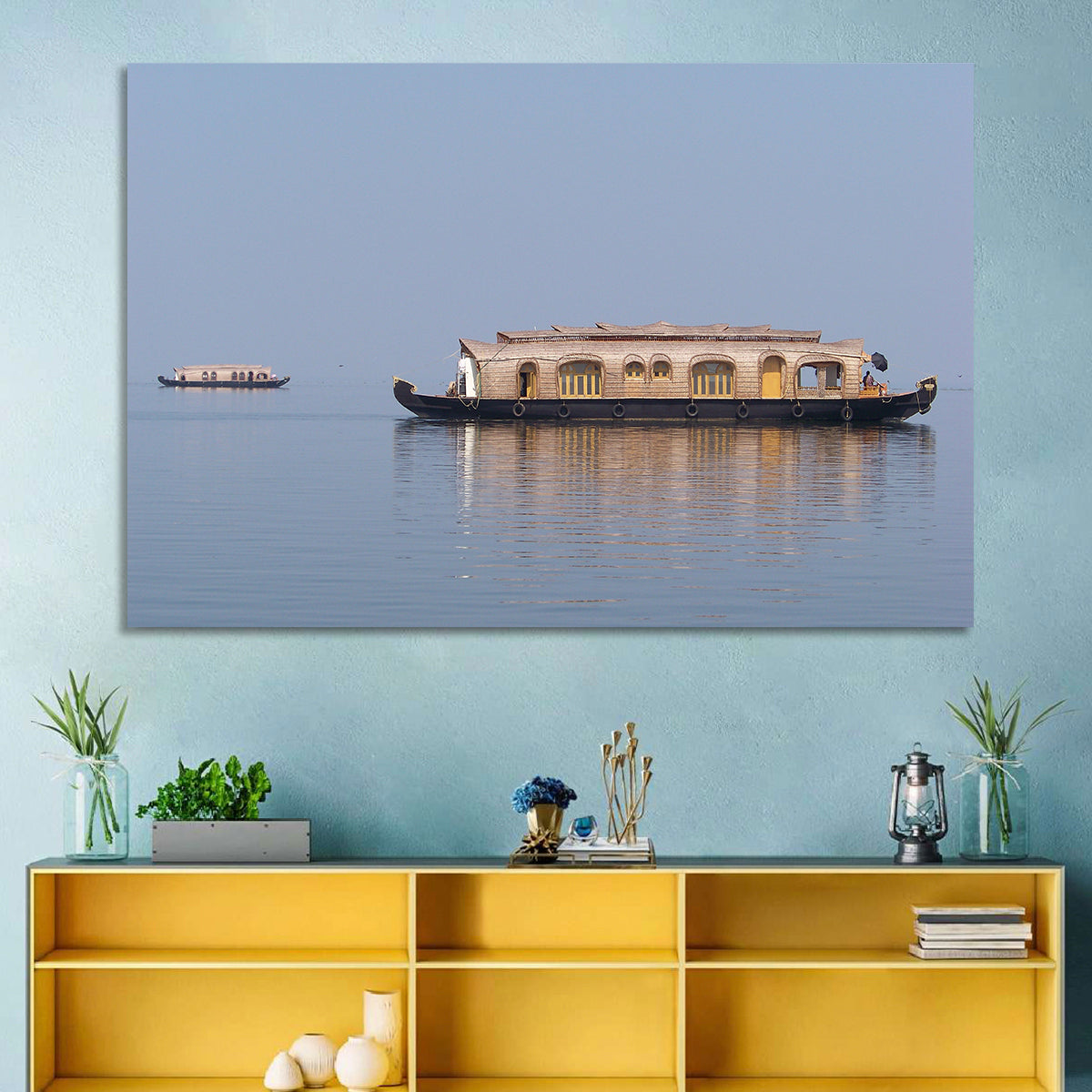 Thatched Houseboat on Vembanad Lake Wall Art in a room, landscape