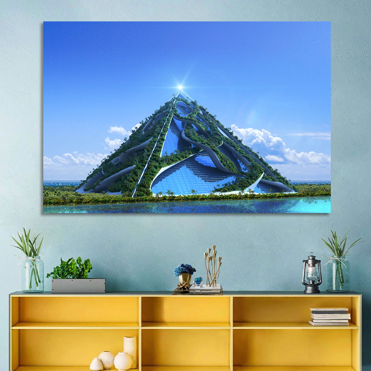 Glassy Pyramid with Gardens Wall Art in a room, landscape