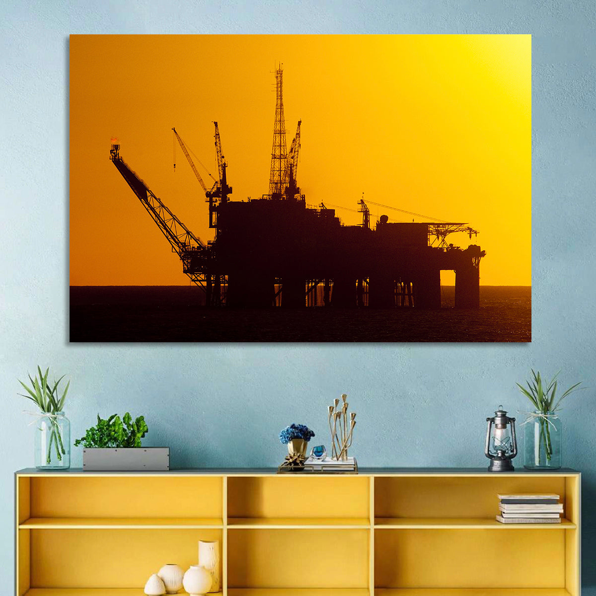 Oil Rig Silhouette at Sunset Wall Art in a room, landscape