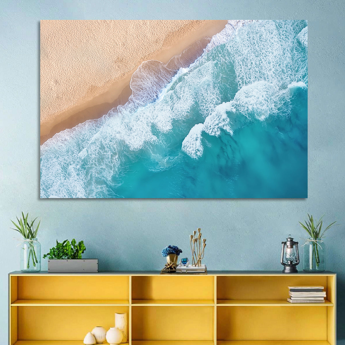 Aerial Turquoise Beach Waves Wall Art in a room, landscape