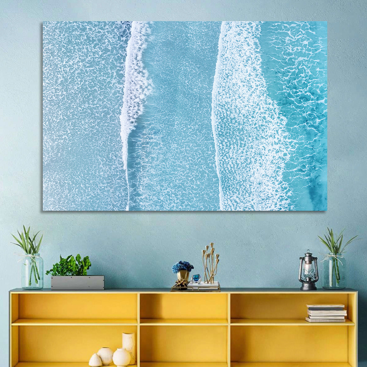 Twin Breaking Waves Over Turquoise Sea Wall Art in a room, landscape
