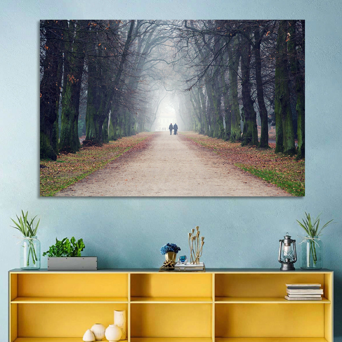 Foggy Tree Lined Walkway in Autumn Wall Art in a room, landscape