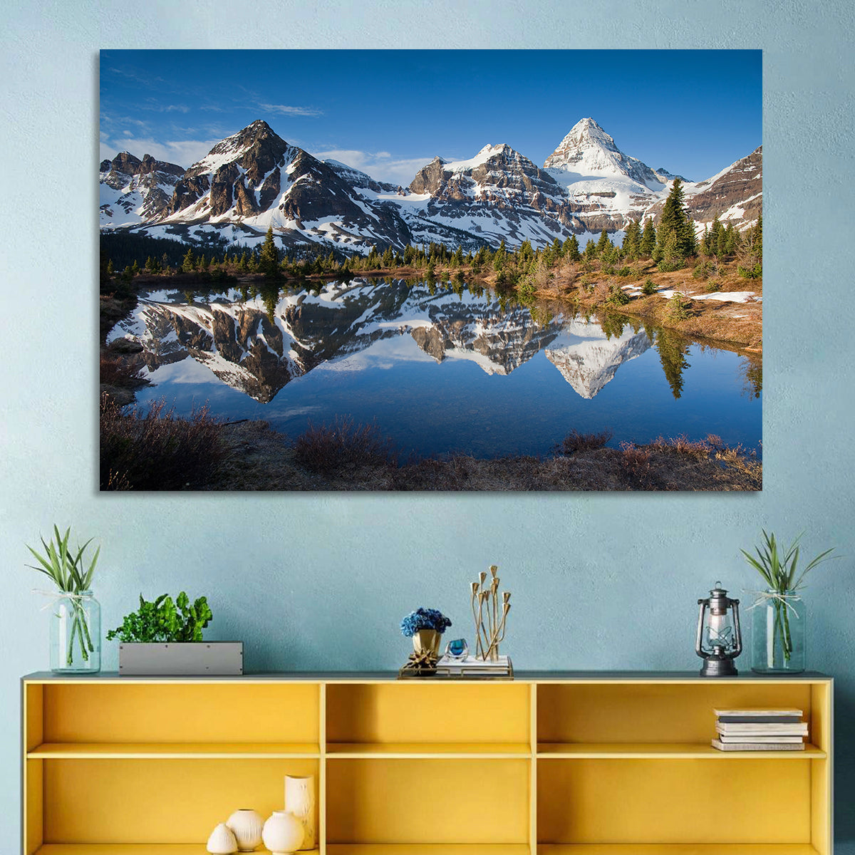 Mount Assiniboine Reflection Wall Art in a room, landscape