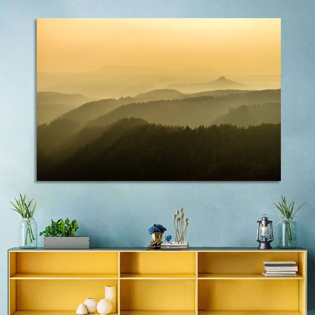 Misty Golden Ridge Landscape Wall Art in a room, landscape