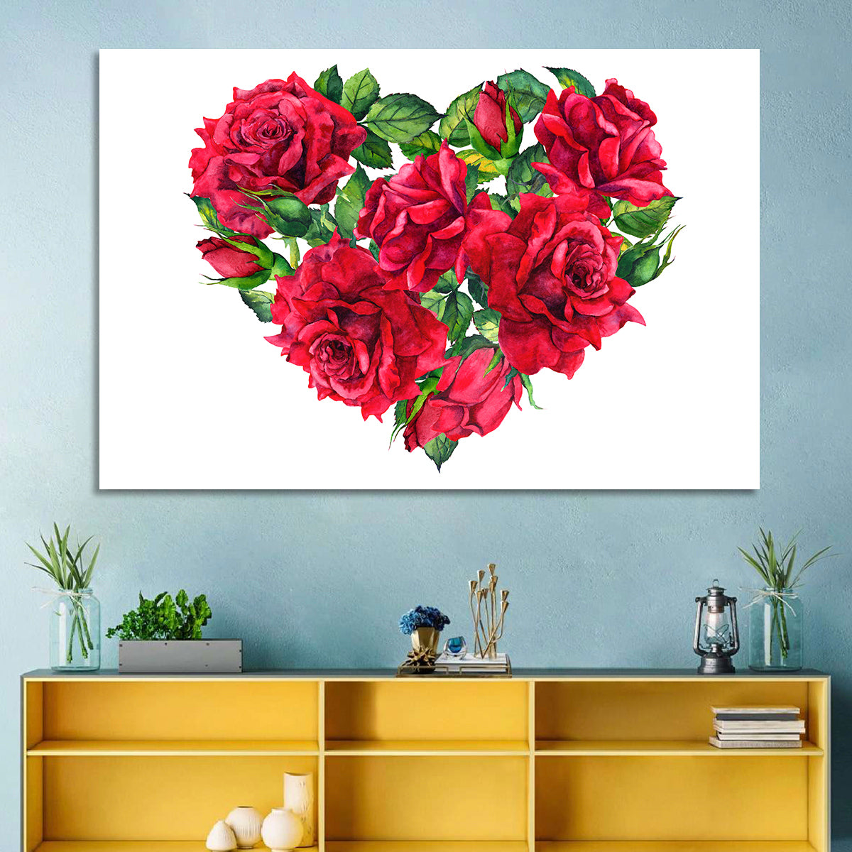Watercolor Rose Heart Wall Art in a room, landscape