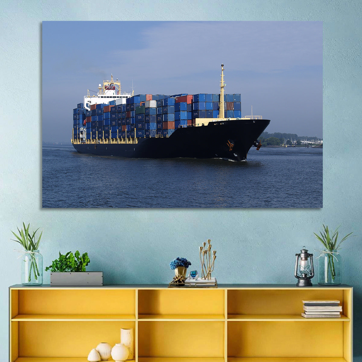 Container Ship in Motion Wall Art in a room, landscape