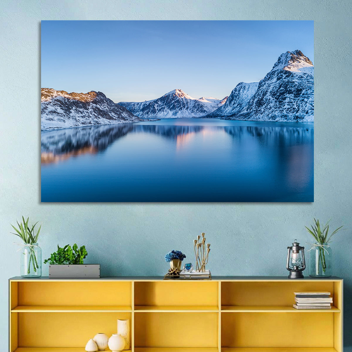 Snowy Lofoten Reflection Wall Art in a room, landscape