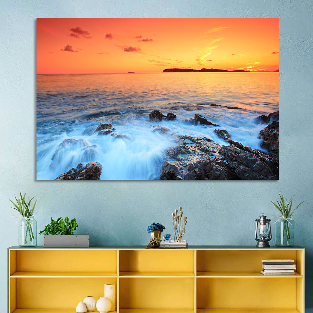 Dubrovnik Sunset Over Rocky Shore Wall Art in a room, landscape