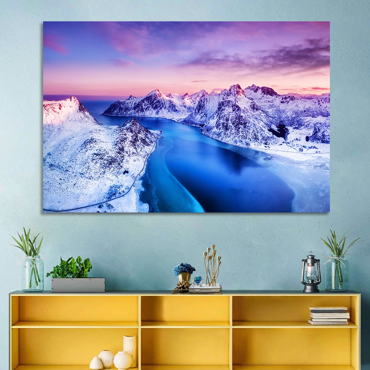 Flakstadpollen Fjord at Sunset Wall Art in a room, landscape