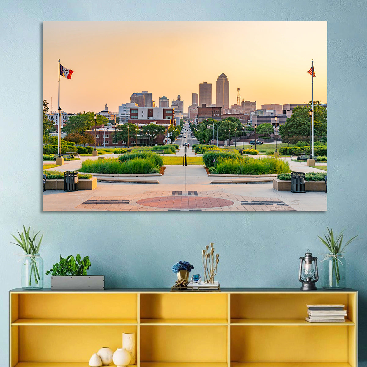 Des Moines Golden Hour Skyline Wall Art in a room, landscape
