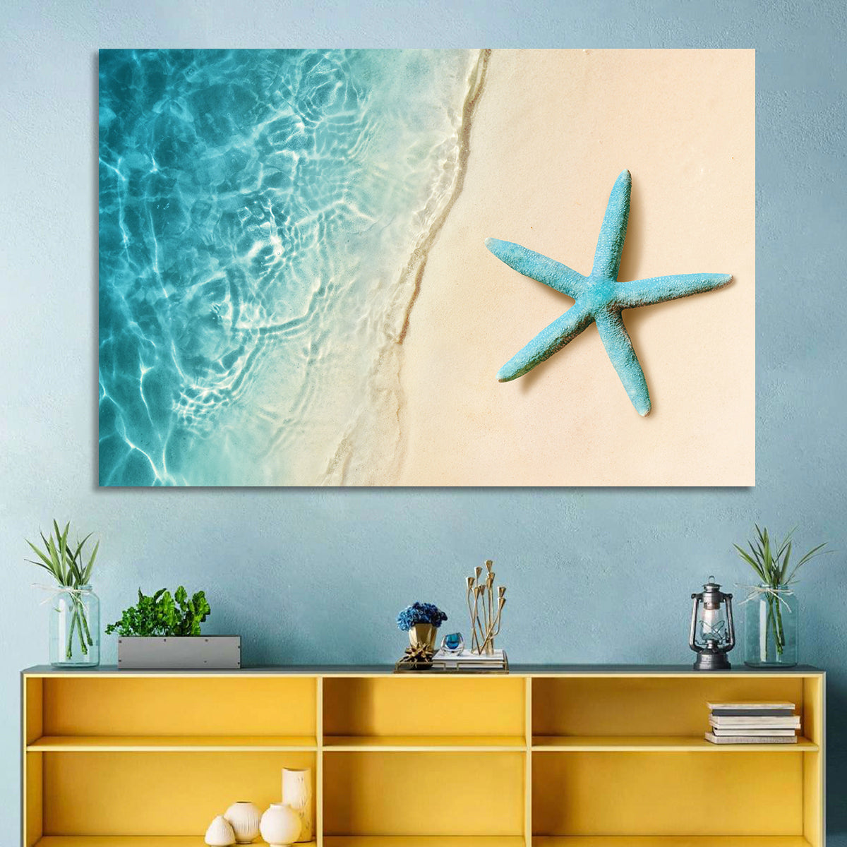 Blue Starfish on Sandy Beach Wall Art in a room, landscape