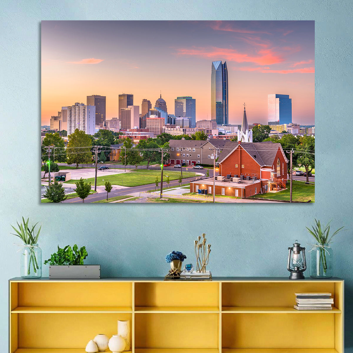 Oklahoma City Golden Hour Skyline Wall Art in a room, landscape
