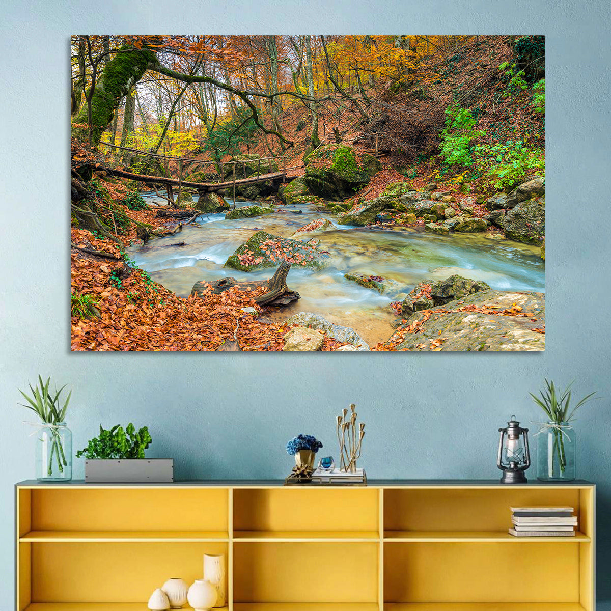 Mossy Footbridge in Autumn Forest Wall Art in a room, landscape