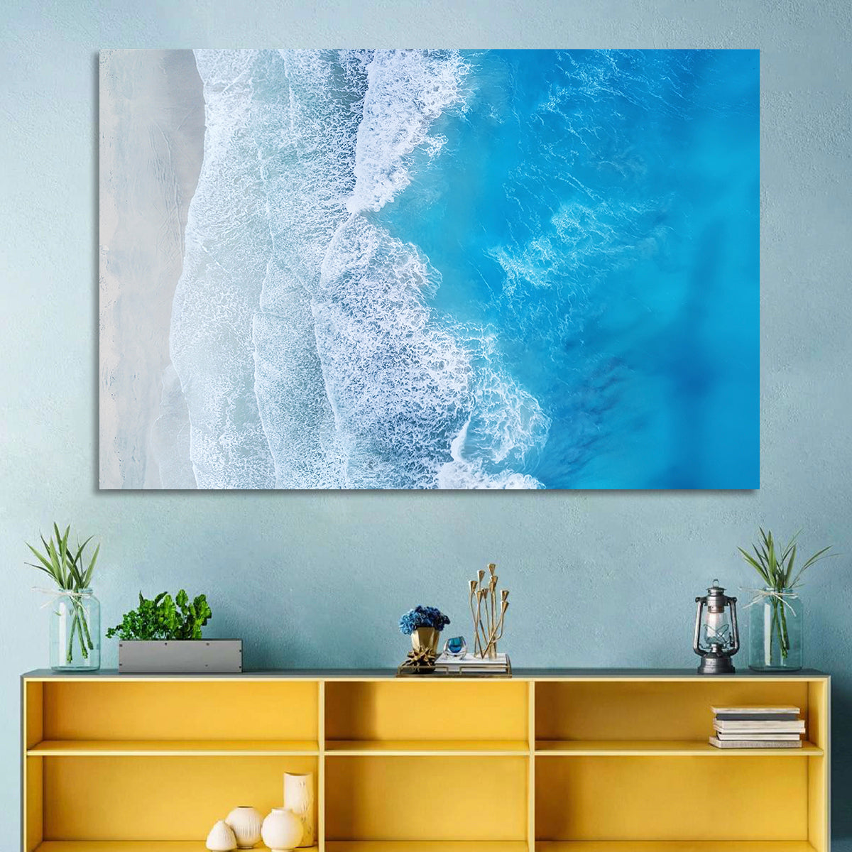 Aerial Turquoise Beach Waves Wall Art in a room, landscape