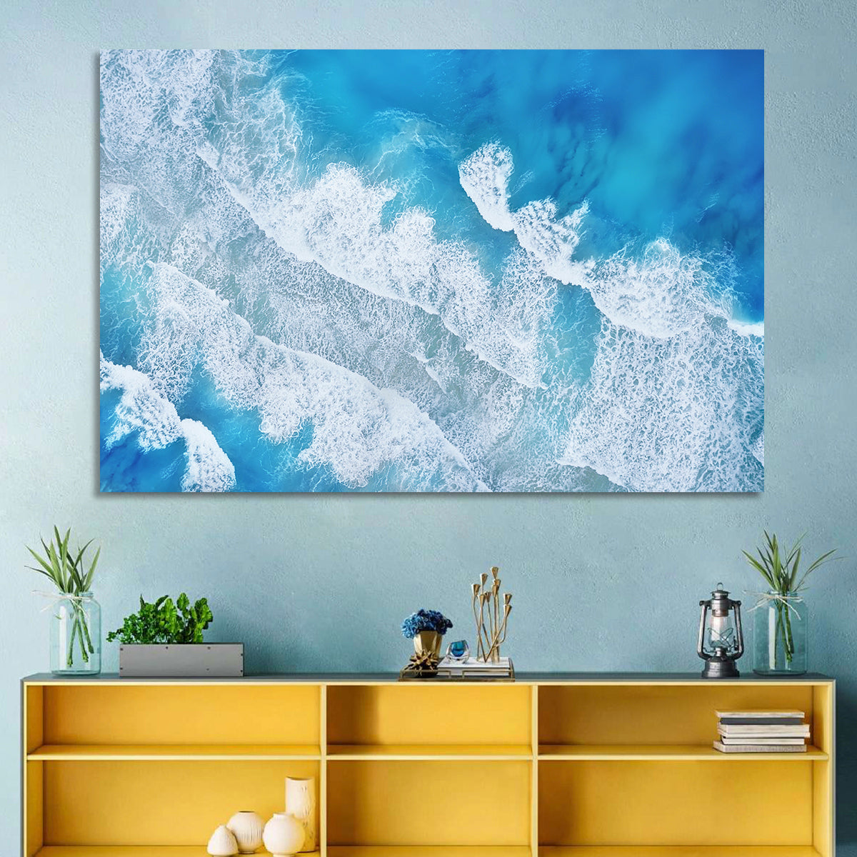 Aerial Turquoise Waves Wall Art in a room, landscape