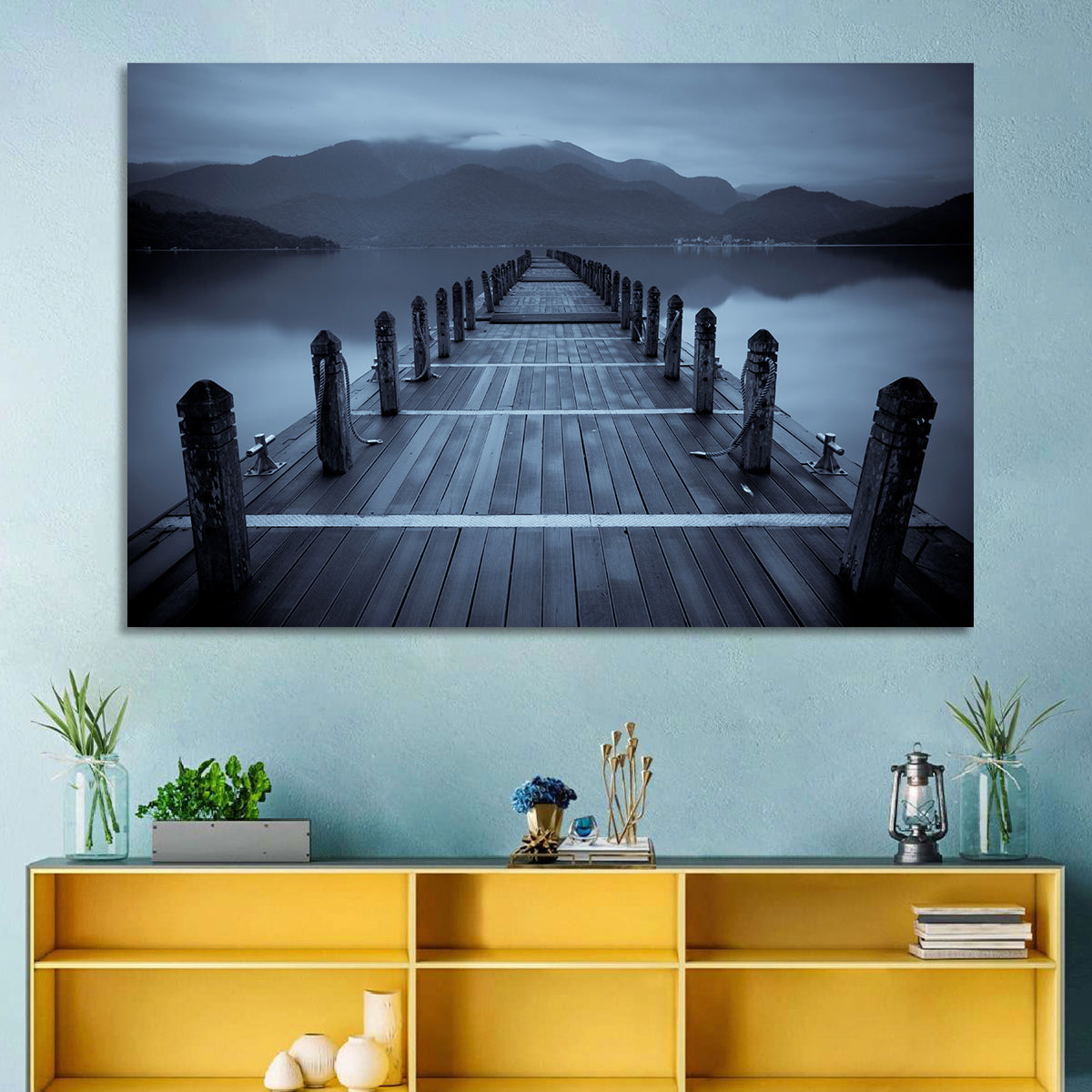 Long Lake Pier at Dusk Wall Art in a room, landscape