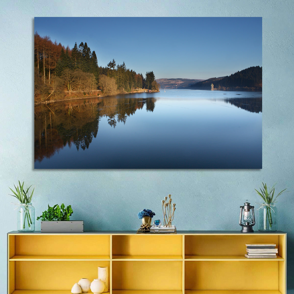 Lake Vyrnwy Golden Hour Reflection Wall Art in a room, landscape