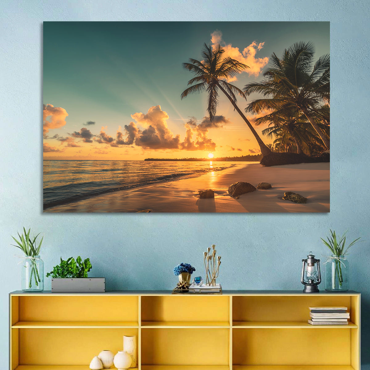 Golden Hour Palm Beach Sunset Wall Art in a room, landscape