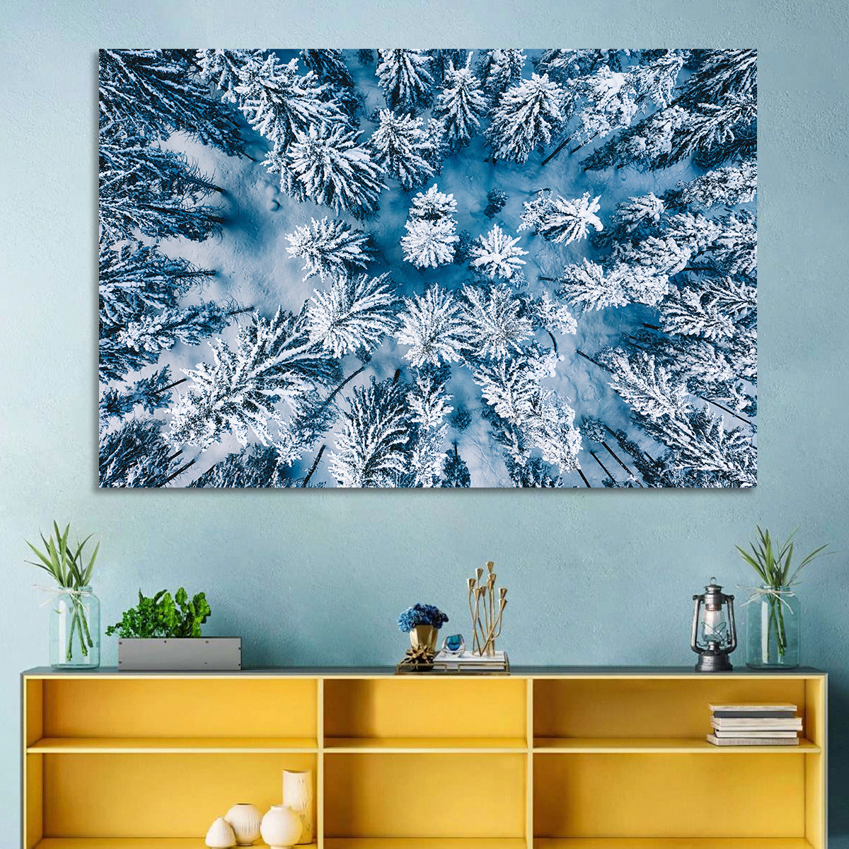 Aerial Snowy Evergreen Canopy Wall Art in a room, landscape