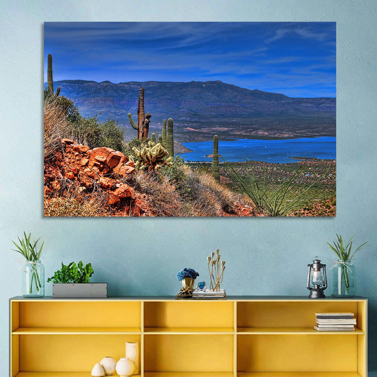 Roosevelt Lake Saguaro Vista Wall Art in a room, landscape