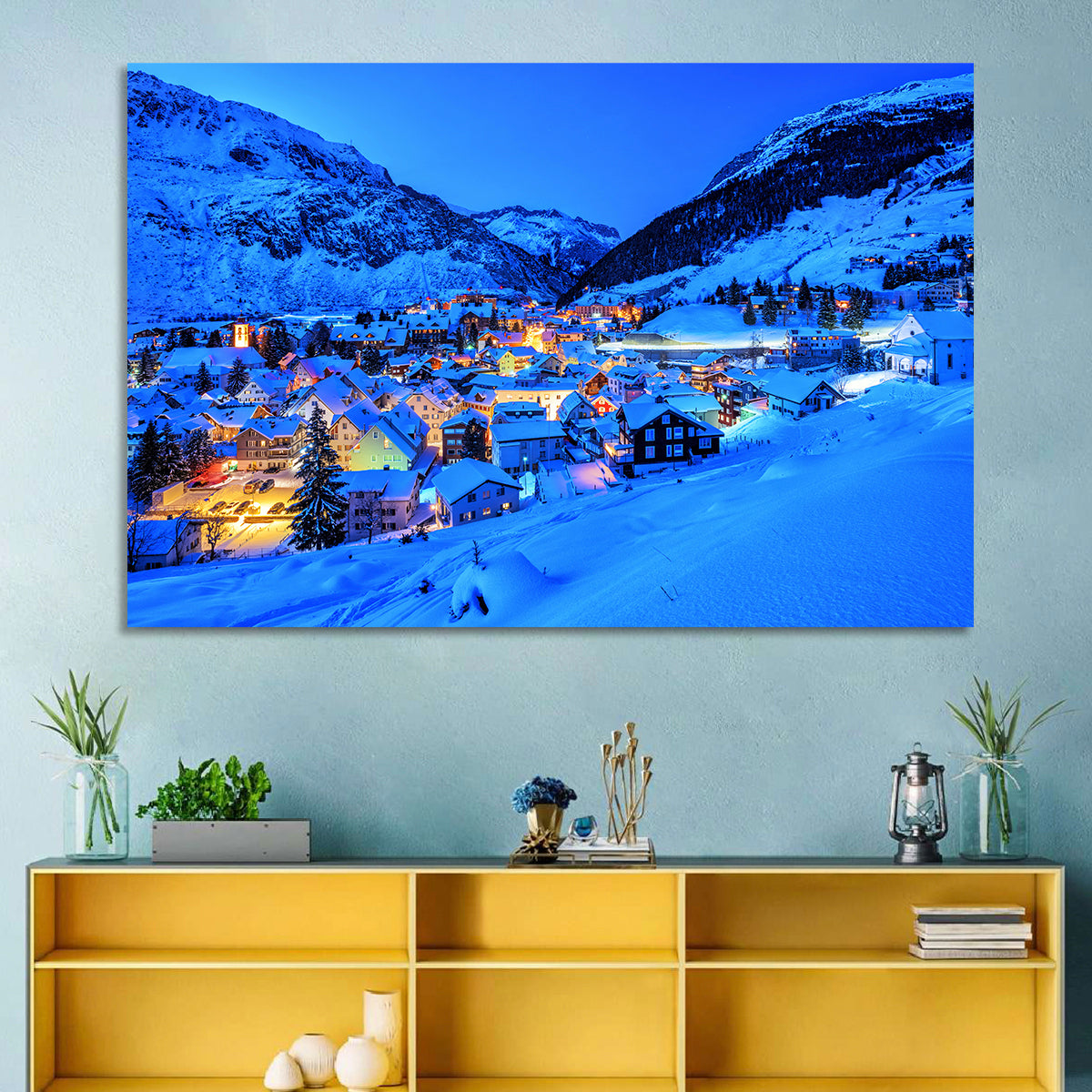 Andermatt Winter Village Wall Art in a room, landscape