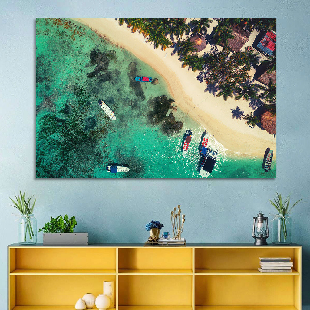 Aerial Tropical Shoreline with Six Boats Wall Art