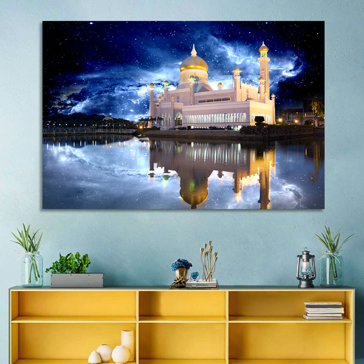 Omar Ali Saifuddien Mosque at Night Wall Art in a room, landscape