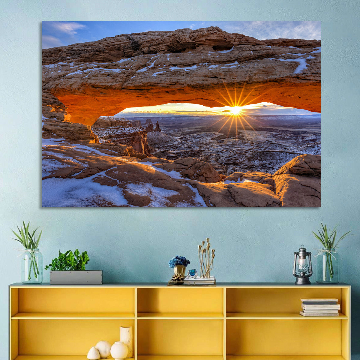 Sunrise at Mesa Arch Wall Art in a room, landscape