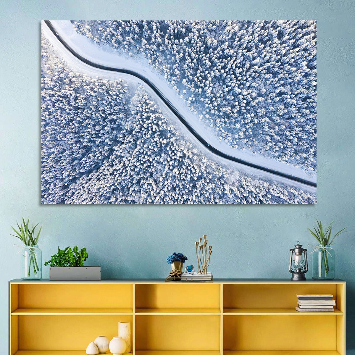 Winding Snowy Forest Road Wall Art in a room, landscape