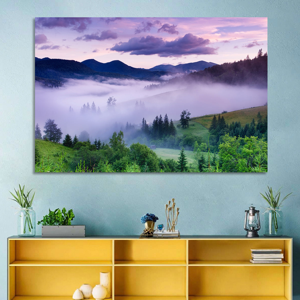 Misty Mountain Valley at Twilight Wall Art in a room, landscape