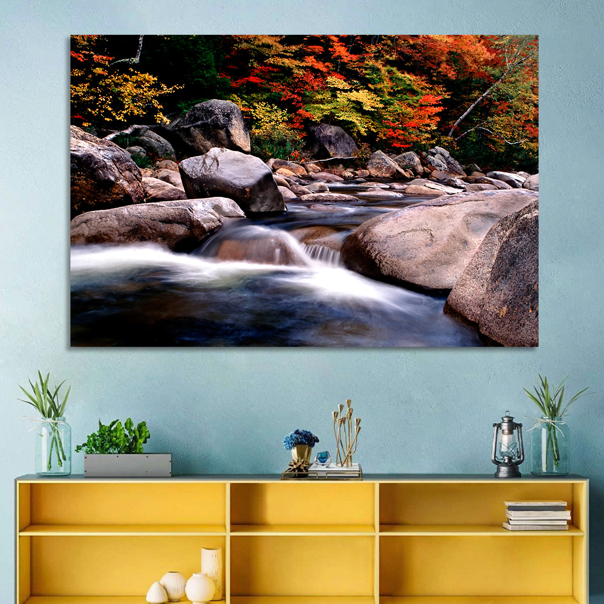 New Hampshire Autumn Stream Wall Art in a room, landscape