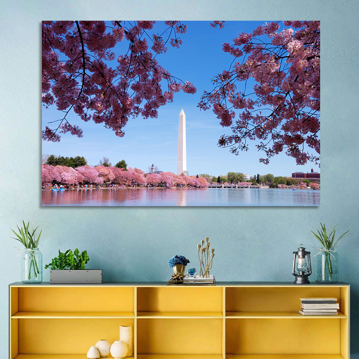 Washington Monument with Cherry Blossoms Wall Art in a room, landscape