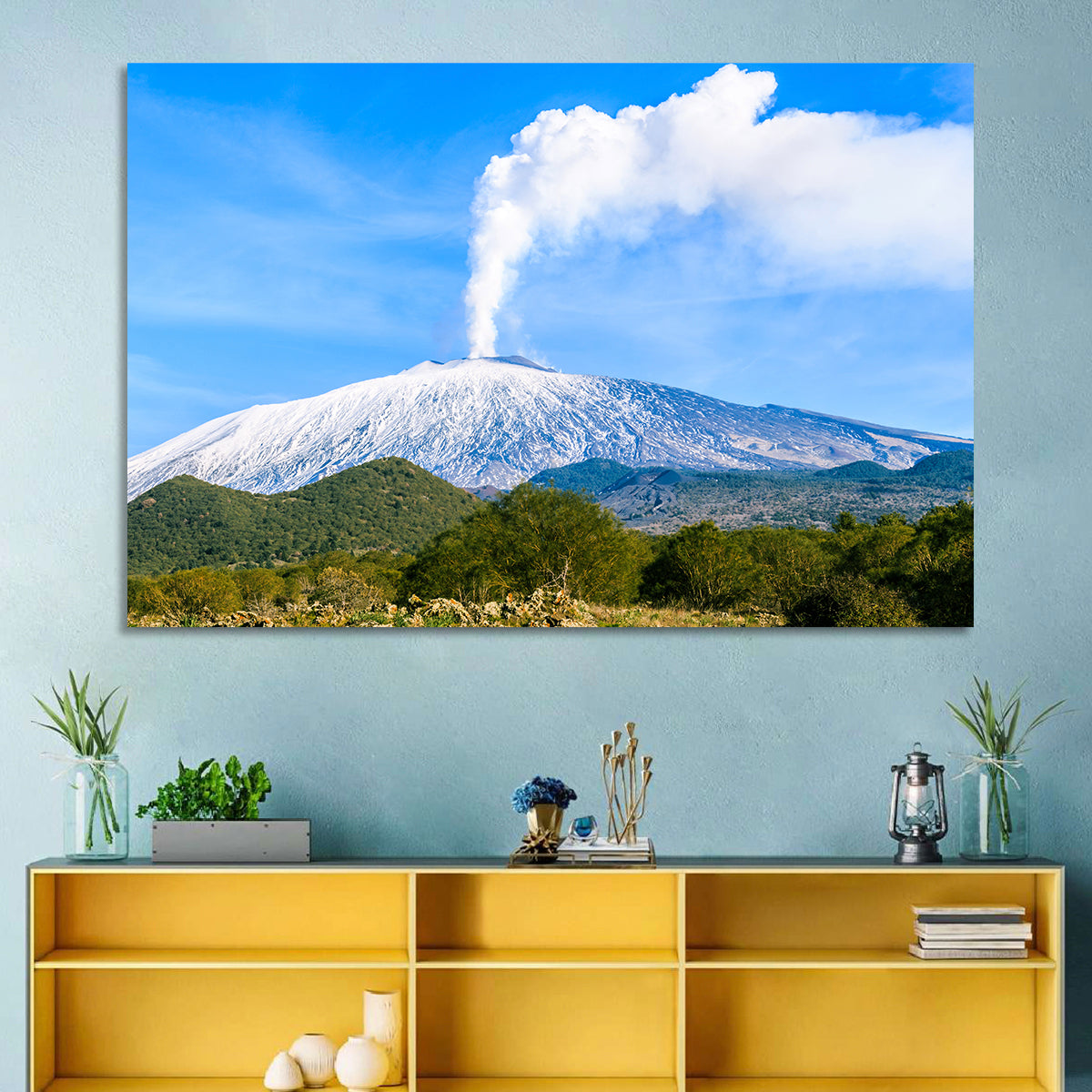 Snow-capped Mount Etna with Volcanic Plume Wall Art in a room, landscape